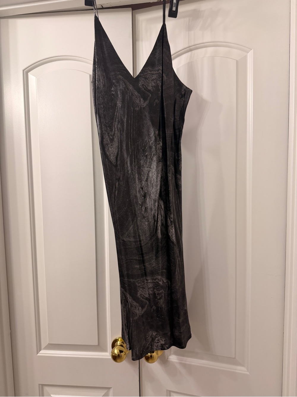 Rails Black Satin Slip Midi Dress with V-Neck & Spaghetti Straps